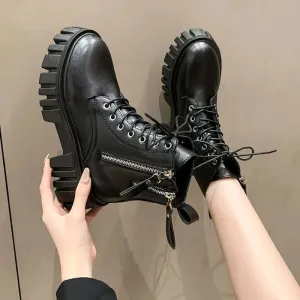 Women's Chunky Platform Combat Boots with Side Zip