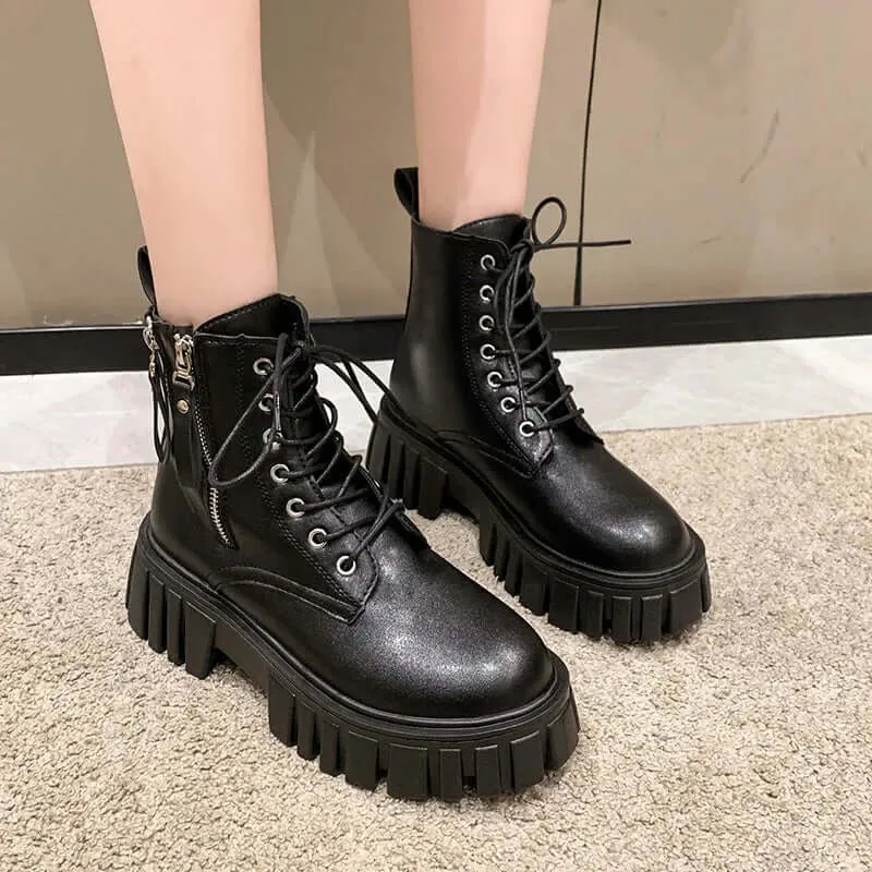 Women's Chunky Platform Combat Boots with Side Zip