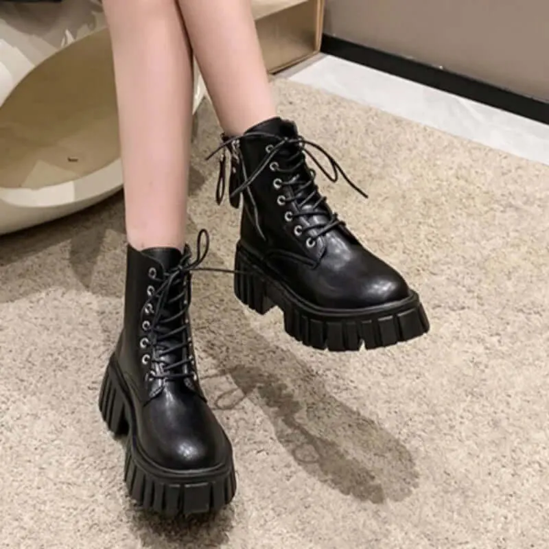 Women's Chunky Platform Combat Boots with Side Zip