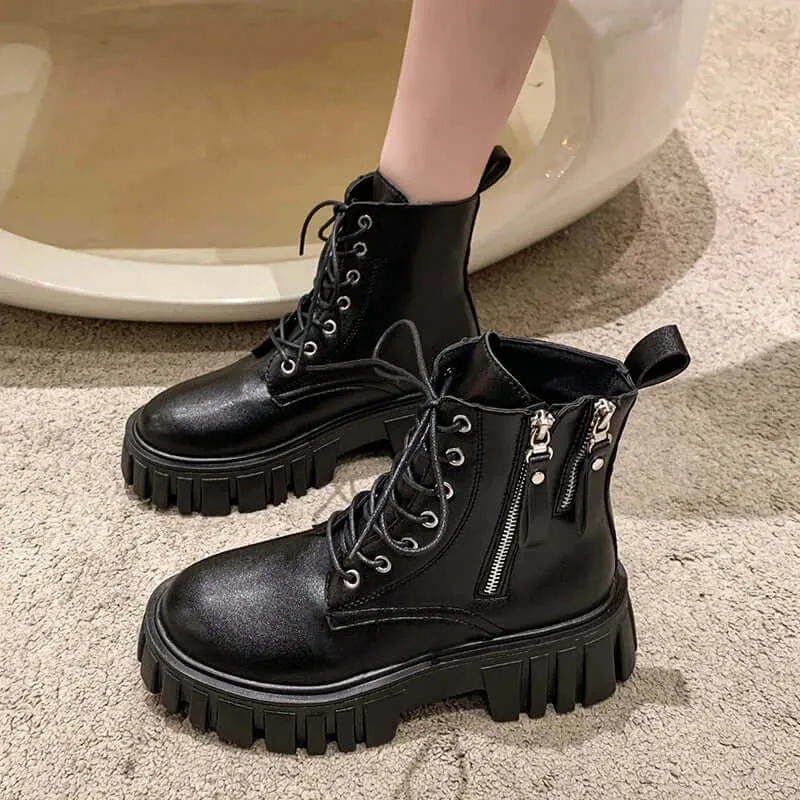 Women's Chunky Platform Combat Boots with Side Zip