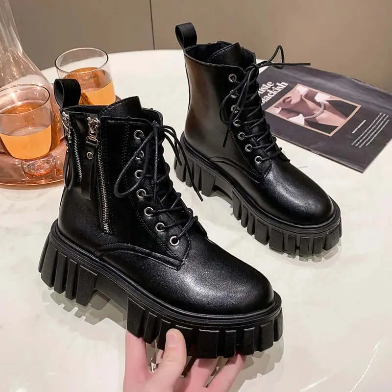 Women's Chunky Platform Combat Boots with Side Zip