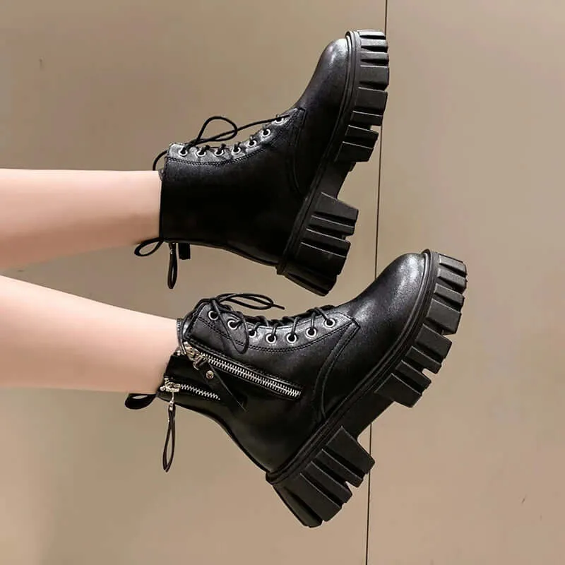Women's Chunky Platform Combat Boots with Side Zip
