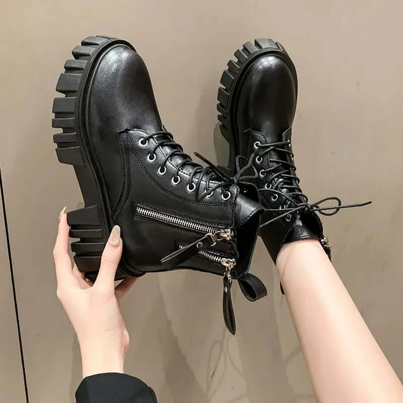 Women's Chunky Platform Combat Boots with Side Zip