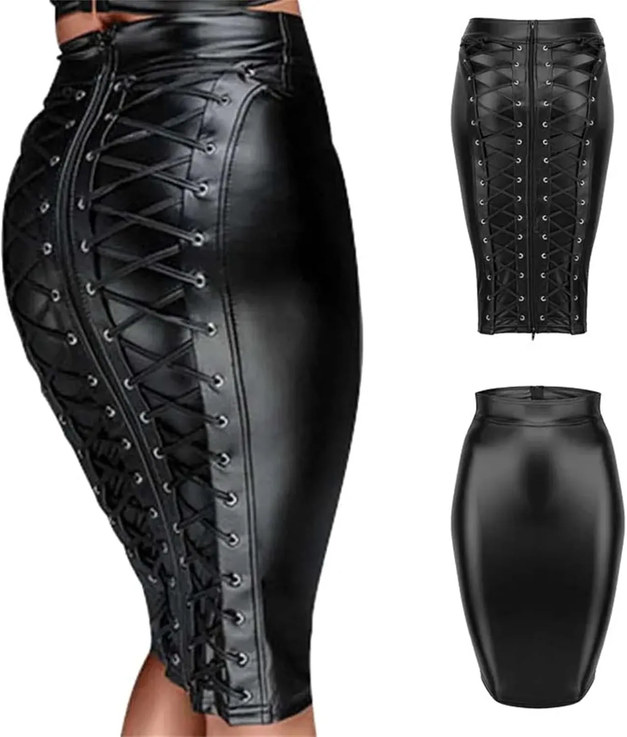 Womens Steampunk Leather Pencil Skirt Lace-Up Zipper Gothic Black Spring Retro