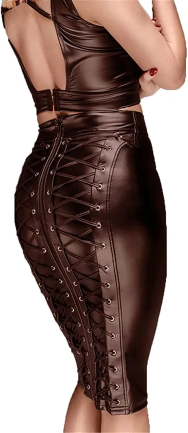 Womens Steampunk Leather Pencil Skirt Lace-Up Zipper Gothic Black Spring Retro