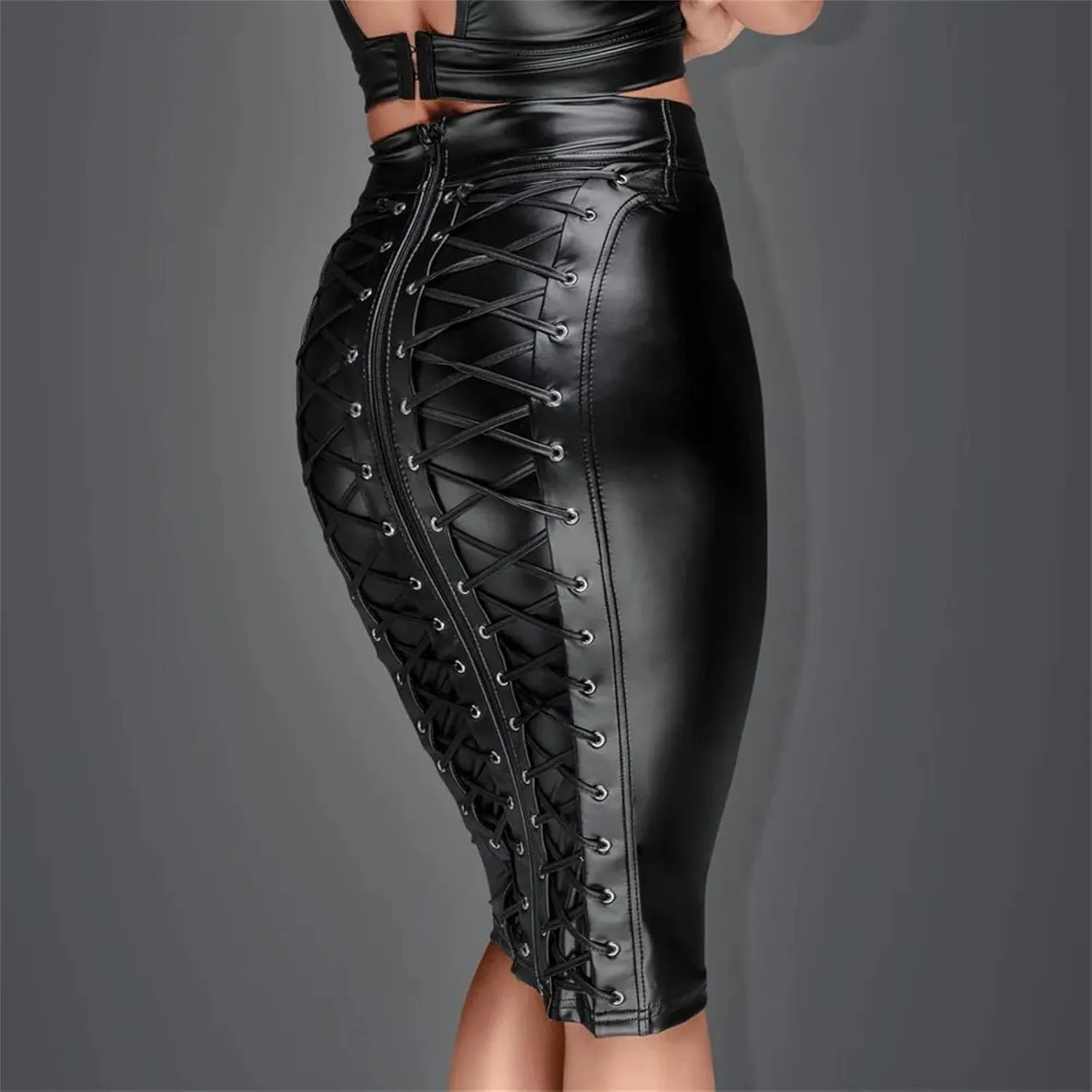 Womens Steampunk Leather Pencil Skirt Lace-Up Zipper Gothic Black Spring Retro