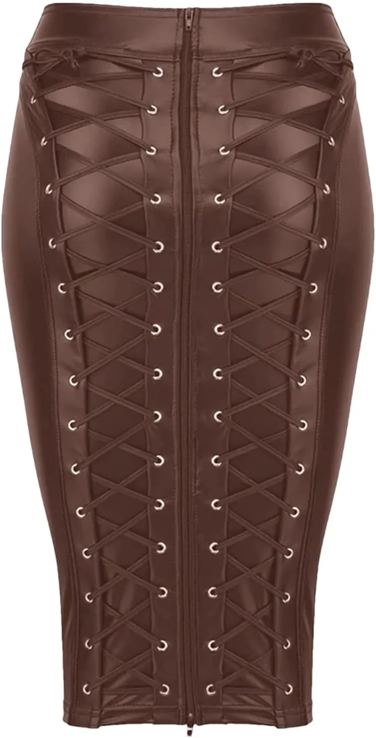 Womens Steampunk Leather Pencil Skirt Lace-Up Zipper Gothic Black Spring Retro