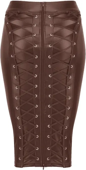 Womens Steampunk Leather Pencil Skirt Lace-Up Zipper Gothic Black Spring Retro