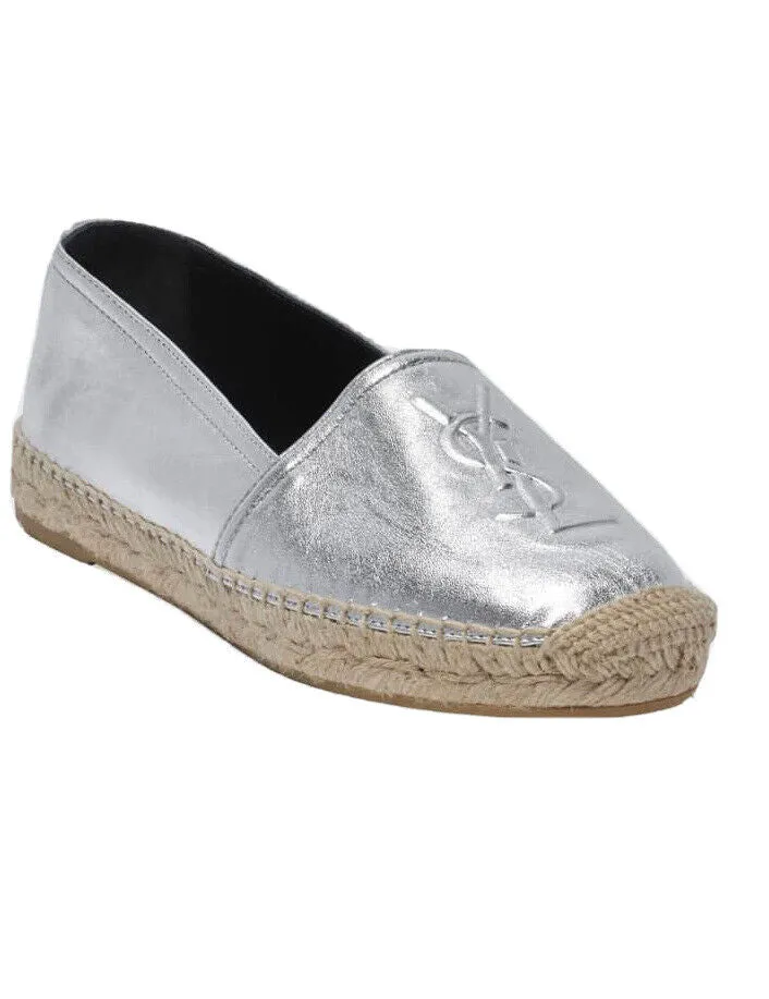 YSL Saint Laurent Womens Logo Leather Espadrilles Slip-on Shoe  Color Gold-Tone Glitter Size 4.5/EU35 